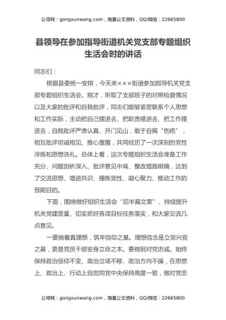 县领导在参加指导街道机关党支部专题组织生活会时的讲话