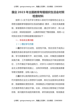 国企2023年主题教育专题组织生活会对照检查材料
