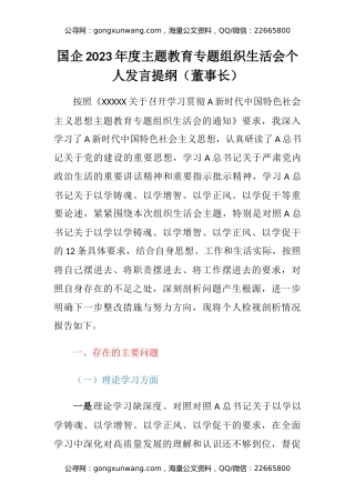 国企2023年度主题教育专题组织生活会个人发言提纲（董事长）
