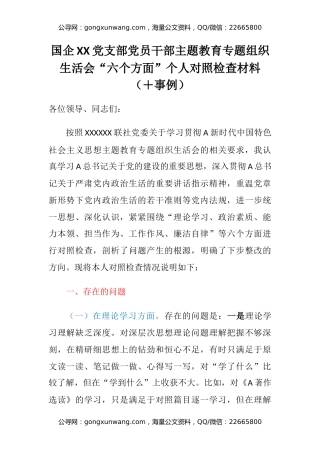 国企XX党支部党员干部主题教育专题组织生活会“六个方面”个人对照检查材料（＋事例）
