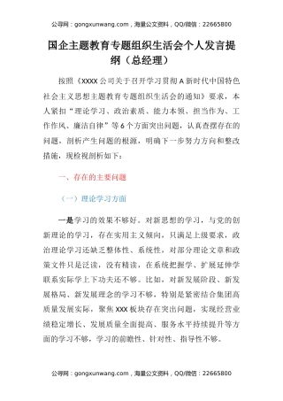 国企主题教育专题组织生活会个人发言提纲（总经理）