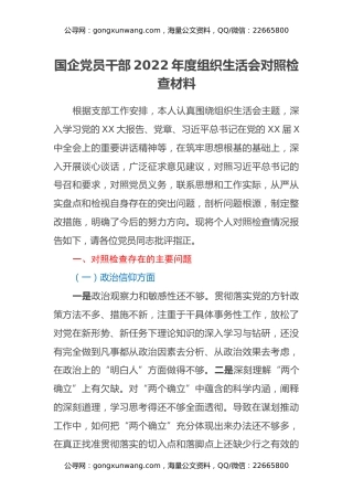 国企党员干部2022年度组织生活会对照检查材料