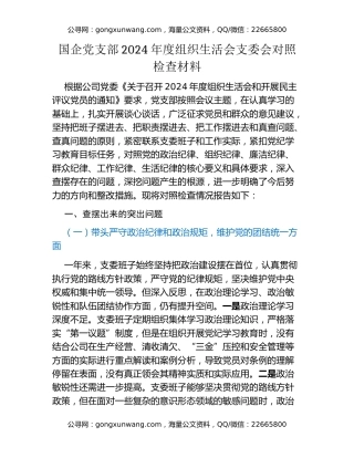 国企党支部2024年度组织生活会支委会对照检查材料