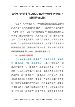 国企公司党支部2022年度组织生活会班子对照检查材料