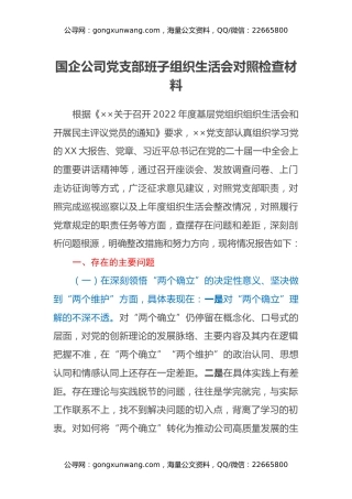 国企公司党支部班子组织生活会对照检查材料