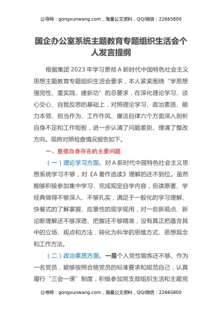 国企办公室系统主题教育专题组织生活会个人发言提纲
