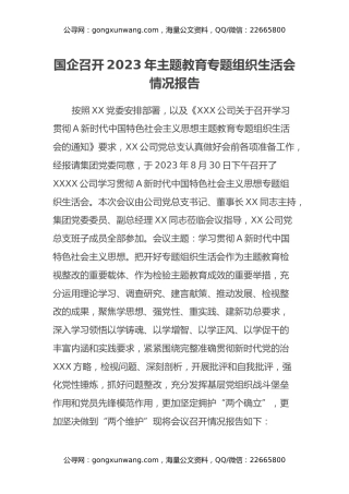 国企召开2023年主题教育专题组织生活会情况报告
