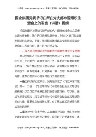 国企集团党委书记在所在党支部专题组织生活会上的发言（讲话）提纲