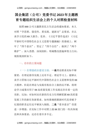 国企集团（公司）党委书记2023年主题教育专题组织生活会上的个人对照检查材料