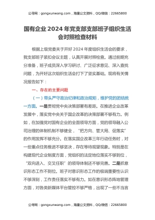 国有企业2024年党支部支部班子组织生活会对照检查材料（四个带头）