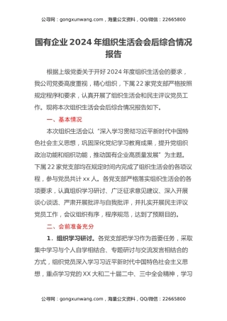 国有企业2024年组织生活会会后综合情况报告
