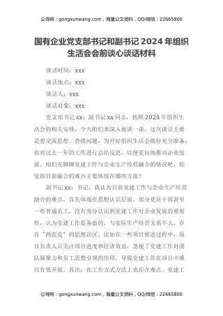 国有企业党支部书记和副书记2024年组织生活会会前谈心谈话材料