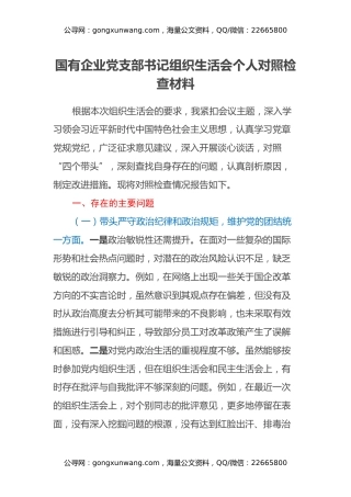 国有企业党支部书记组织生活会个人对照检查材料