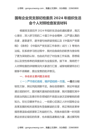 国有企业党支部纪检委员2024年组织生活会个人对照检查发言材料