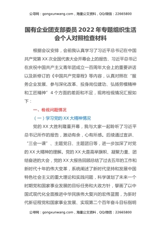 国有企业团支部委员2022年专题组织生活会个人对照检查材料
