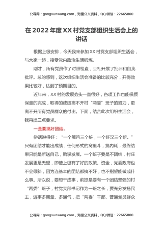 在2022年度XX村党支部组织生活会上的讲话
