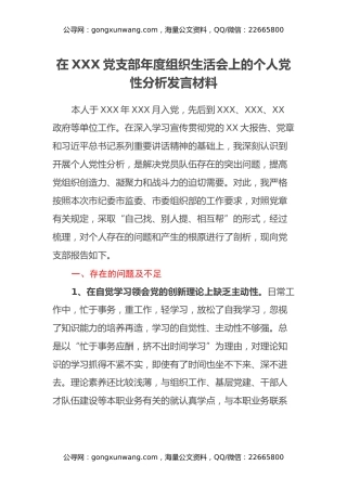 在XXX党支部年度组织生活会上的个人党性分析发言材料