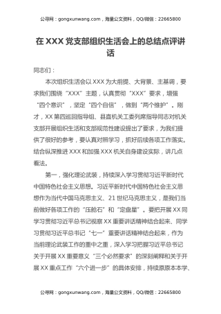 在XXX党支部组织生活会上的总结点评讲话