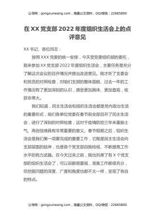 在XX党支部2022年度组织生活会上的点评意见