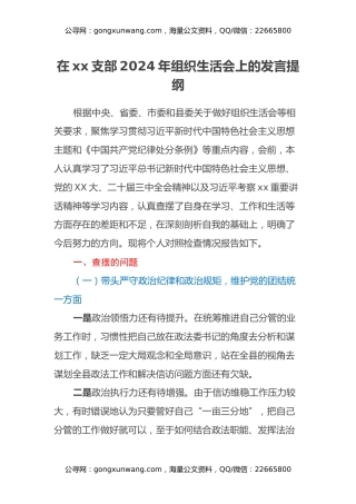 在xx党支部2024年组织生活会上的发言提纲（四个带头+意识形态）