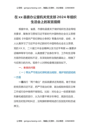 在xx县委办公室机关党支部2024年组织生活会上的发言提纲（四个带头+意识形态+正确政绩观）