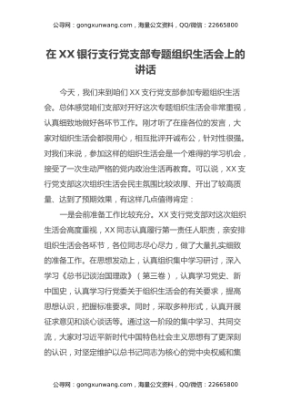 在XX银行支行党支部专题组织生活会上的讲话