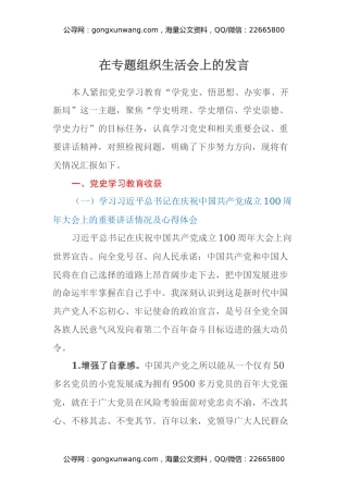 在专题组织生活会上的发言