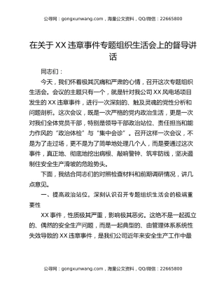 在关于XX违章事件专题组织生活会上的督导讲话