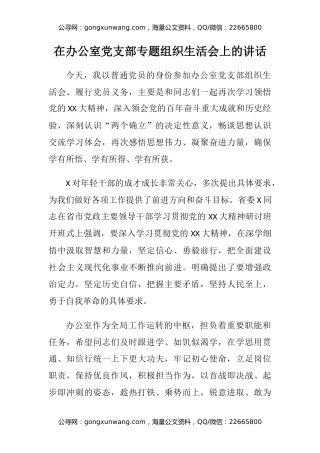 在办公室党支部专题组织生活会上的讲话