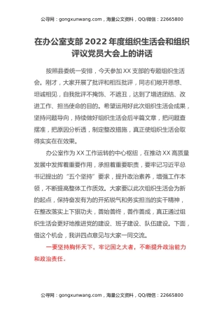 在办公室支部2022年度组织生活会和组织评议党员大会上的讲话