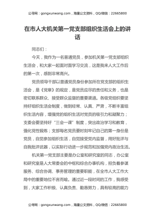 在市人大机关第一党支部组织生活会上的讲话