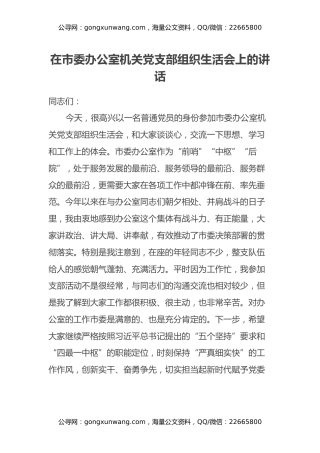 在市委办公室机关党支部组织生活会上的讲话