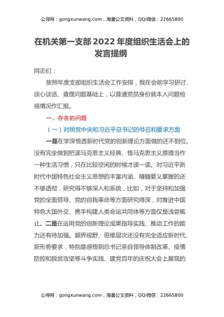 在机关第一支部2022年度组织生活会上的发言提纲