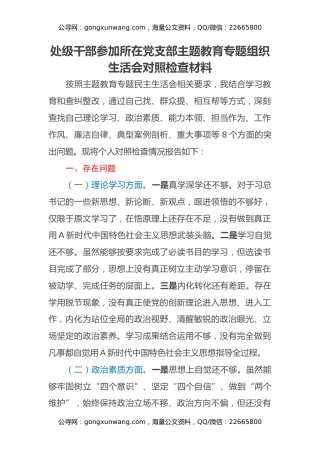 处级干部参加所在党支部主题教育专题组织生活会对照检查材料