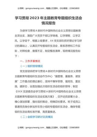 学习贯彻2023年主题教育专题组织生活会情况报告