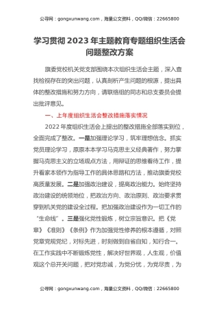 学习贯彻2023年主题教育专题组织生活会问题整改方案