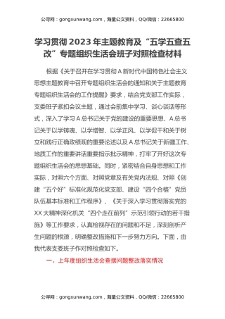 学习贯彻2023年主题教育及“五学五查五改” 专题组织生活会班子对照检查材料