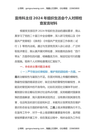 宣传科主任2024年组织生活会个人对照检查发言材料