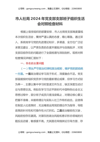 市人社局2024年党支部支部班子组织生活会对照检查材料（四个带头）