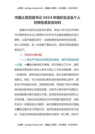 市国土局党组书记2024年组织生活会个人对照检查发言材料