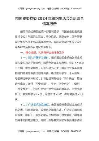 市国资委党委2024年组织生活会会后综合情况报告