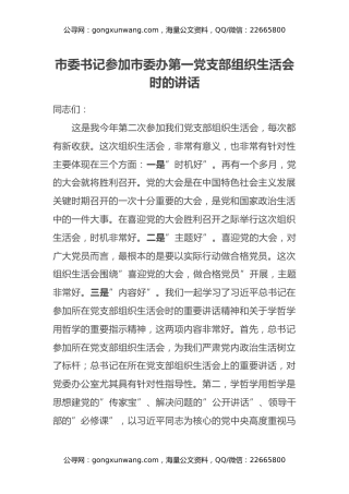 市委书记参加市委办第一党支部组织生活会时的讲话