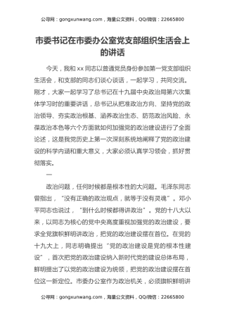 市委书记在市委办公室党支部组织生活会上的讲话