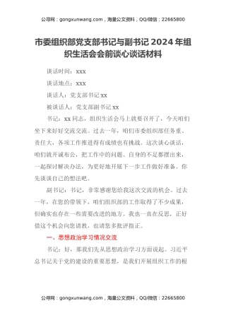 市委组织部党支部书记与副书记2024年组织生活会会前谈心谈话材料