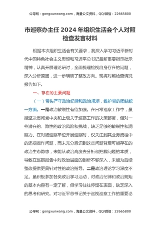 市巡察办主任2024年组织生活会个人对照检查发言材料