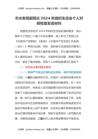 市水务局副局长2024年组织生活会个人对照检查发言材料