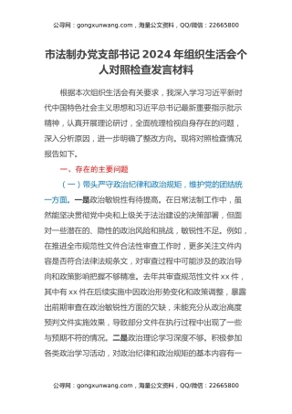 市法制办党支部书记2024年组织生活会个人对照检查发言材料