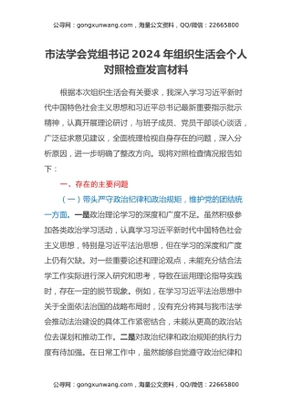 市法学会党组书记2024年组织生活会个人对照检查发言材料