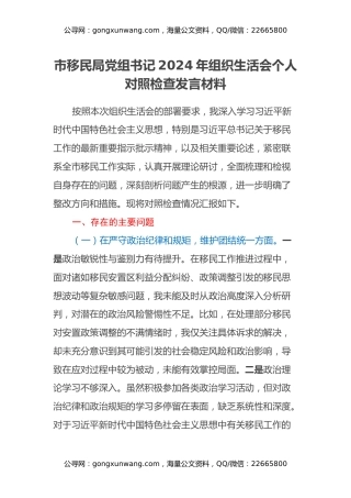 市移民局党组书记2024年组织生活会个人对照检查发言材料