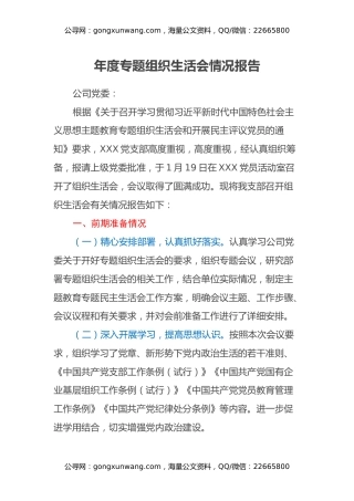 年度专题组织生活会情况报告